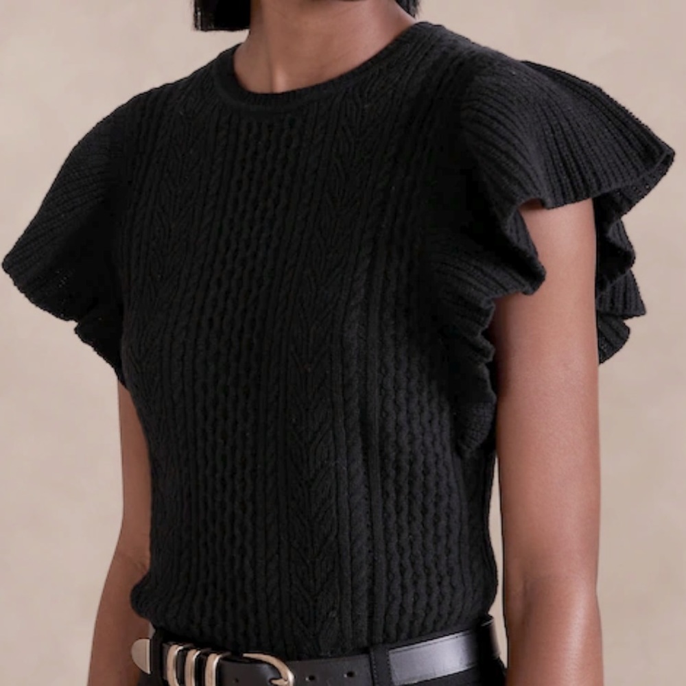 Banana Republic Sweater Flutter Sleeve June Wool Sz Medium Black NWT - Picture 1 of 5